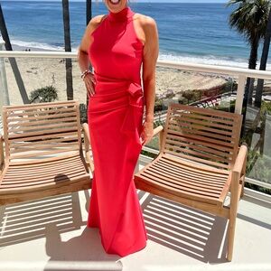 Chiari Boni La Petite Robe Godrum Halter Ruffle Gown Coral